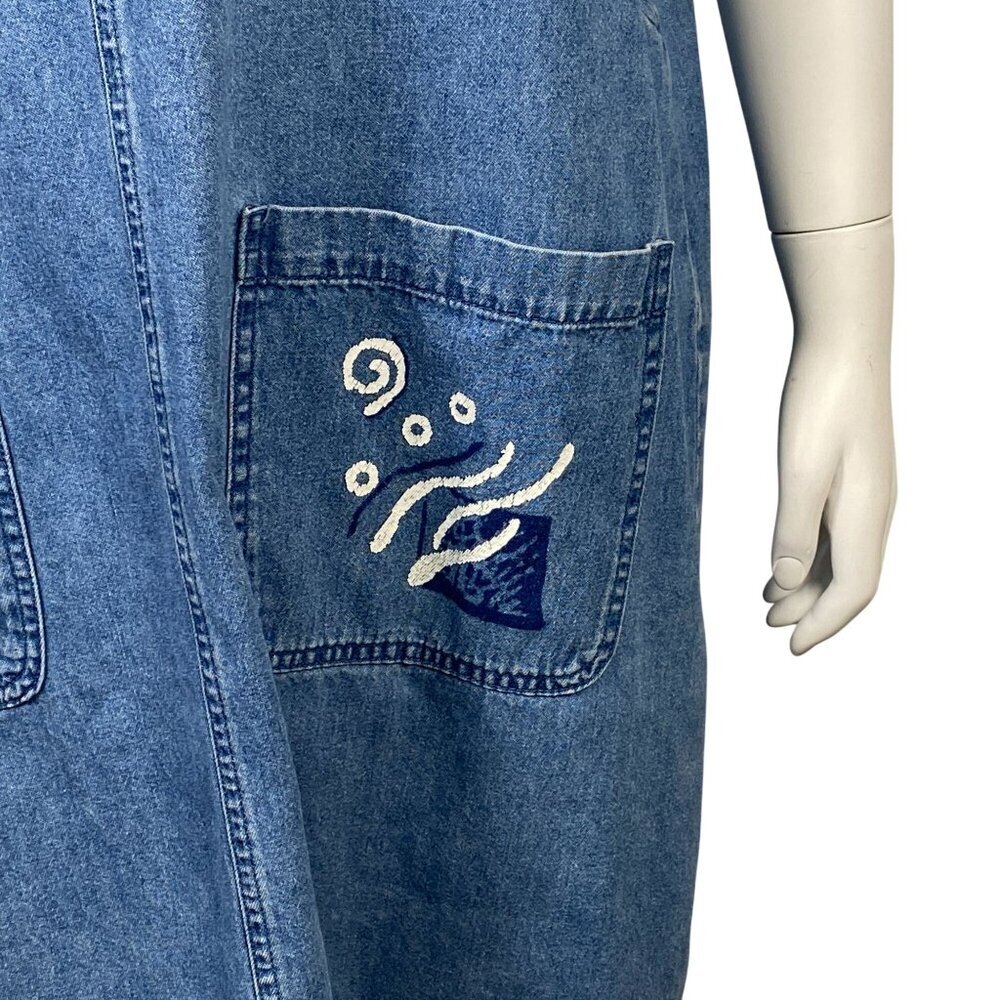 Vintage Denim Sleeveless Apron Dress Size XL Fish Motif Side Buttons Relaxed Fit - Picture 3 of 7
